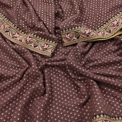 Indian Vintage Dupatta Brown Long Stole Pure Georgette Silk Embroidered Scarves Veil Hijab Floral