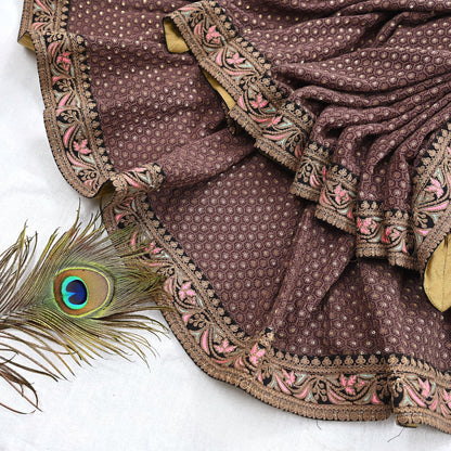 Indian Vintage Dupatta Brown Long Stole Pure Georgette Silk Embroidered Scarves Veil Hijab Floral