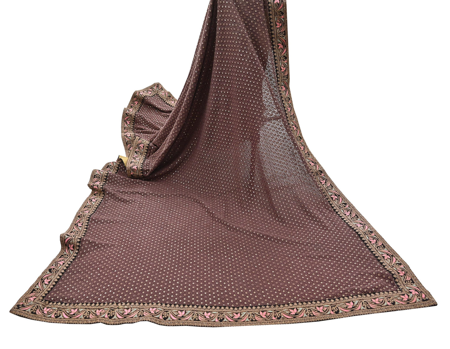 Indian Vintage Dupatta Brown Long Stole Pure Georgette Silk Embroidered Scarves Veil Hijab Floral