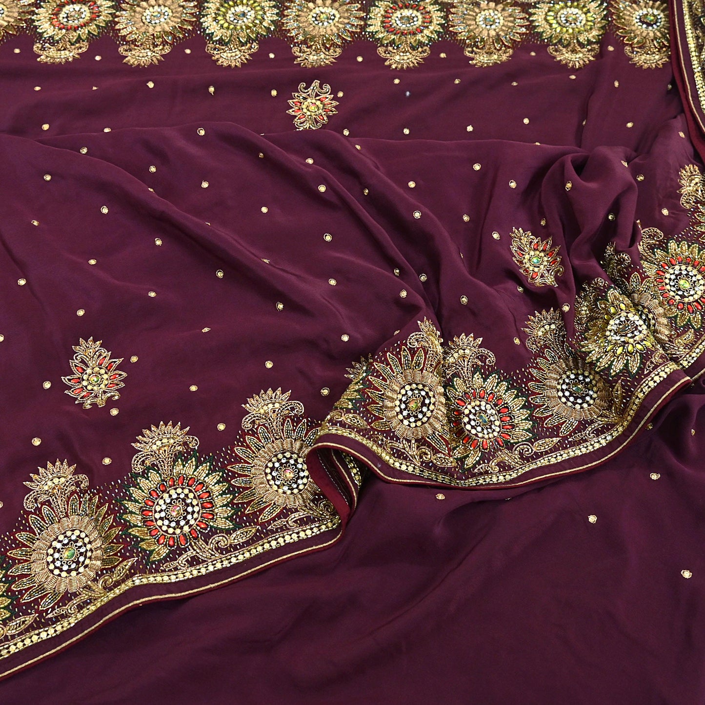 Indian Vintage Heavy Sari Maroon Pure Crepe Silk Hand Embroidered Sarees Craft Fabric 5Yd Sewing Zardozi Dress making With Blouse Pcs