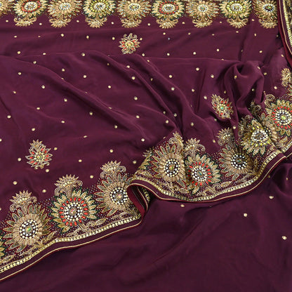 Indian Vintage Heavy Sari Maroon Pure Crepe Silk Hand Embroidered Sarees Craft Fabric 5Yd Sewing Zardozi Dress making With Blouse Pcs