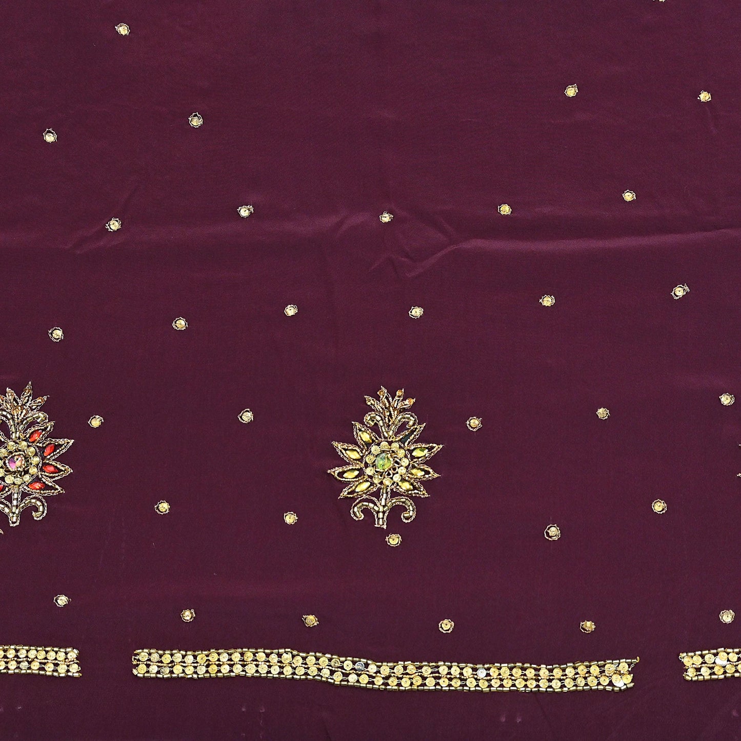 Indian Vintage Heavy Sari Maroon Pure Crepe Silk Hand Embroidered Sarees Craft Fabric 5Yd Sewing Zardozi Dress making With Blouse Pcs