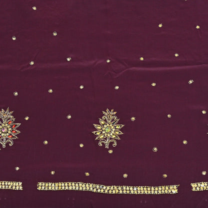 Indian Vintage Heavy Sari Maroon Pure Crepe Silk Hand Embroidered Sarees Craft Fabric 5Yd Sewing Zardozi Dress making With Blouse Pcs
