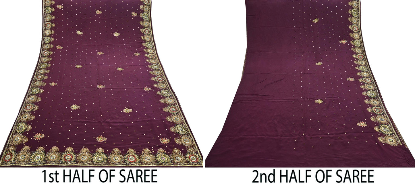 Indian Vintage Heavy Sari Maroon Pure Crepe Silk Hand Embroidered Sarees Craft Fabric 5Yd Sewing Zardozi Dress making With Blouse Pcs