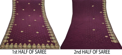 Indian Vintage Heavy Sari Maroon Pure Crepe Silk Hand Embroidered Sarees Craft Fabric 5Yd Sewing Zardozi Dress making With Blouse Pcs
