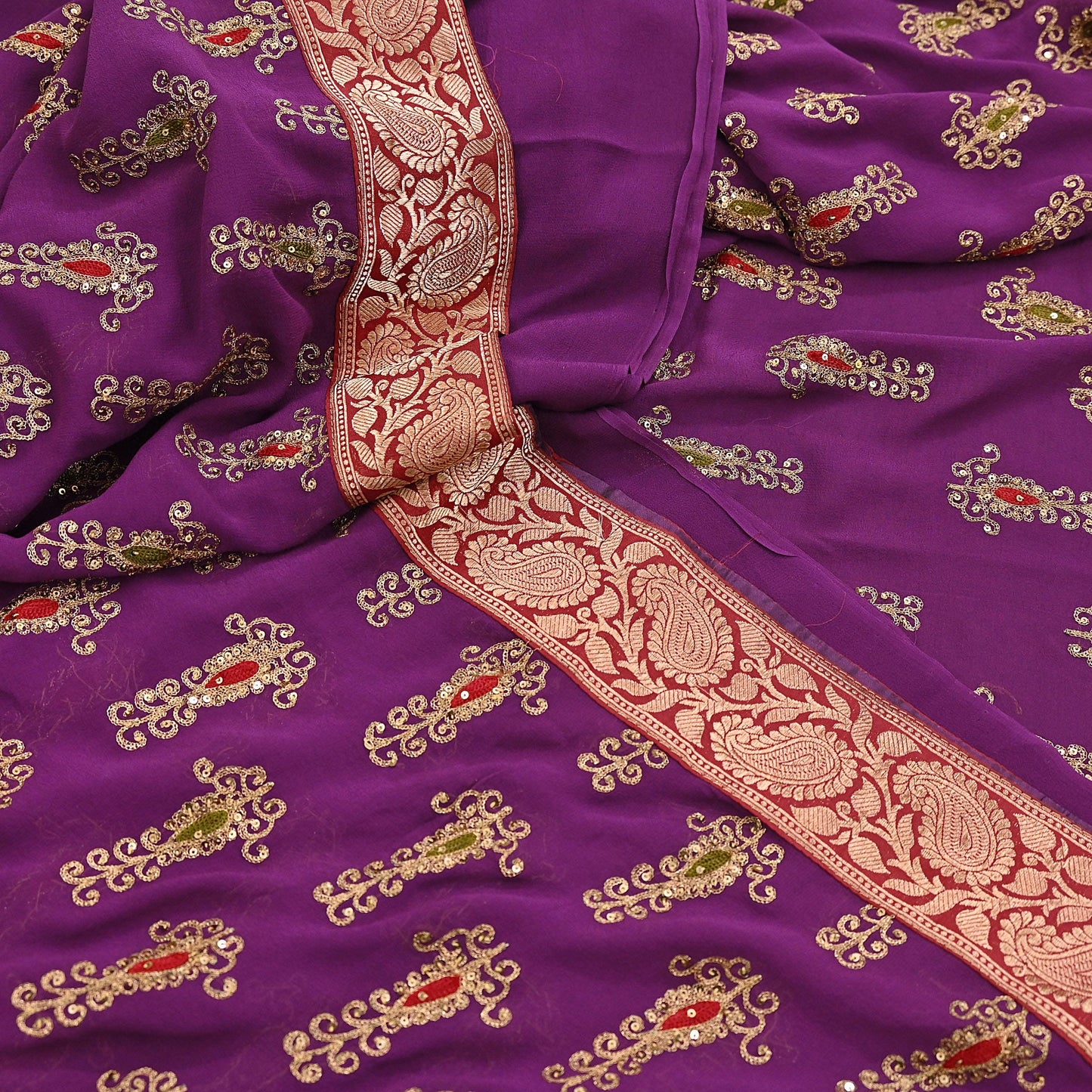 Indian Vintage Heavy Sarees Purple Pure Georgette Silk Hand Embroidered Sari Fabric 5Yd Sewing Ethnic zari with blouse fabric