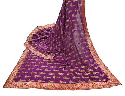 Indian Vintage Heavy Sarees Purple Pure Georgette Silk Hand Embroidered Sari Fabric 5Yd Sewing Ethnic zari with blouse fabric
