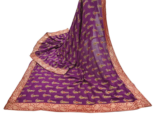 Indian Vintage Heavy Sarees Purple Pure Georgette Silk Hand Embroidered Sari Fabric 5Yd Sewing Ethnic zari with blouse fabric