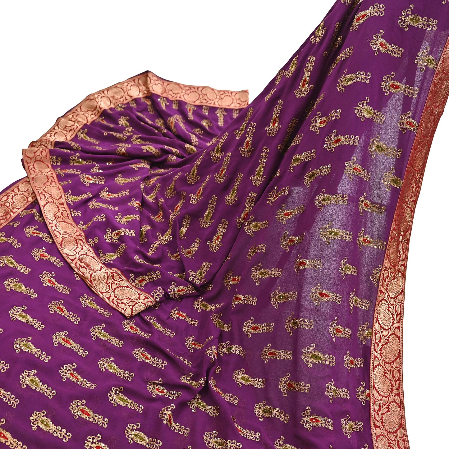 Indian Vintage Heavy Sarees Purple Pure Georgette Silk Hand Embroidered Sari Fabric 5Yd Sewing Ethnic zari with blouse fabric