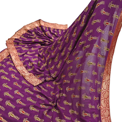 Indian Vintage Heavy Sarees Purple Pure Georgette Silk Hand Embroidered Sari Fabric 5Yd Sewing Ethnic zari with blouse fabric
