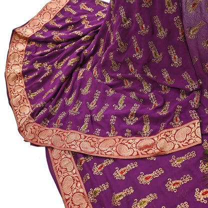 Indian Vintage Heavy Sarees Purple Pure Georgette Silk Hand Embroidered Sari Fabric 5Yd Sewing Ethnic zari with blouse fabric