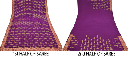 Indian Vintage Heavy Sarees Purple Pure Georgette Silk Hand Embroidered Sari Fabric 5Yd Sewing Ethnic zari with blouse fabric