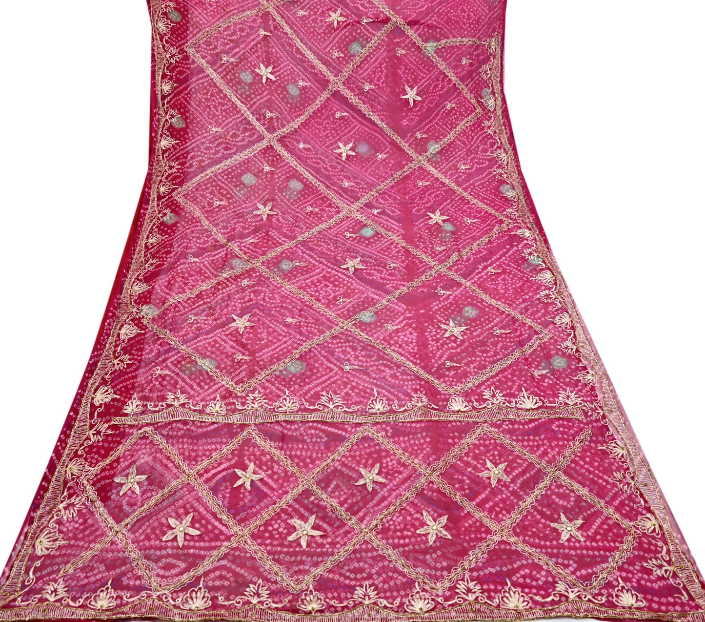Indian Vintage Pink Saree Hand Embroidered Bandhani Printed Sari 100% Pure Georgette Silk Sari 5yd Soft Craft Fabric Dress making Dabka.