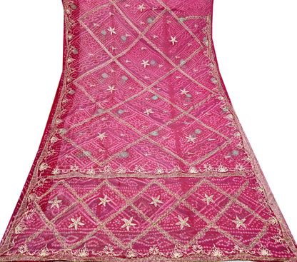 Indian Vintage Pink Saree Hand Embroidered Bandhani Printed Sari 100% Pure Georgette Silk Sari 5yd Soft Craft Fabric Dress making Dabka.