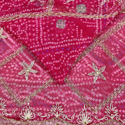 Indian Vintage Pink Saree Hand Embroidered Bandhani Printed Sari 100% Pure Georgette Silk Sari 5yd Soft Craft Fabric Dress making Dabka.