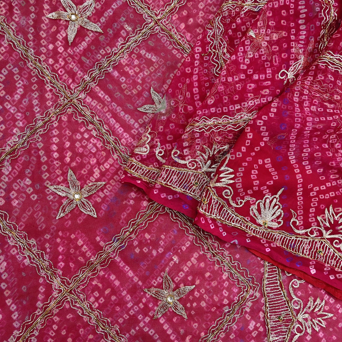 Indian Vintage Pink Saree Hand Embroidered Bandhani Printed Sari 100% Pure Georgette Silk Sari 5yd Soft Craft Fabric Dress making Dabka.