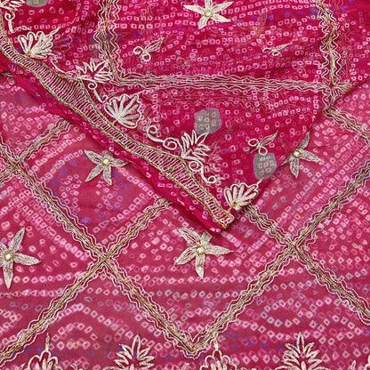 Indian Vintage Pink Saree Hand Embroidered Bandhani Printed Sari 100% Pure Georgette Silk Sari 5yd Soft Craft Fabric Dress making Dabka.