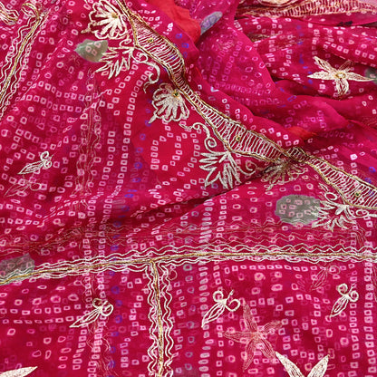 Indian Vintage Pink Saree Hand Embroidered Bandhani Printed Sari 100% Pure Georgette Silk Sari 5yd Soft Craft Fabric Dress making Dabka.