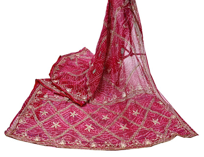Indian Vintage Pink Saree Hand Embroidered Bandhani Printed Sari 100% Pure Georgette Silk Sari 5yd Soft Craft Fabric Dress making Dabka.