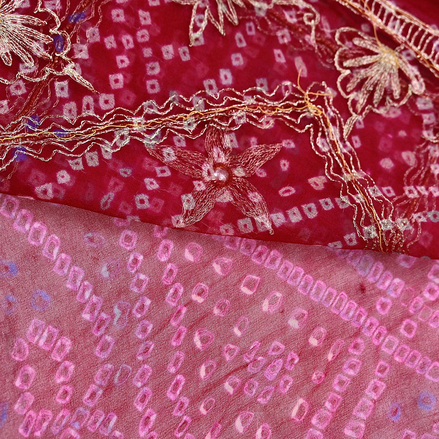 Indian Vintage Pink Saree Hand Embroidered Bandhani Printed Sari 100% Pure Georgette Silk Sari 5yd Soft Craft Fabric Dress making Dabka.