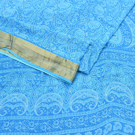 Indian Vintage Sari Blue Printed Pure Cotton Sarees Craft Fabric 5Yd Soft Sewing Sarong Wrap Boho Floral Quilting Dress making