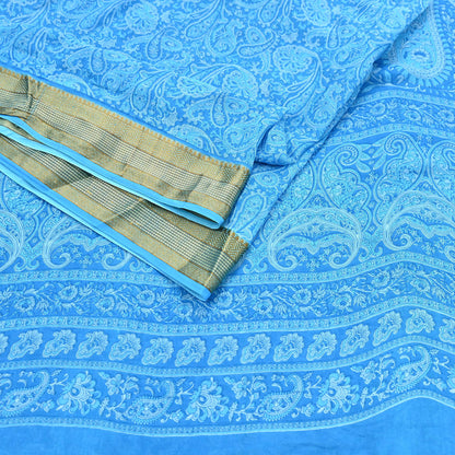 Indian Vintage Sari Blue Printed Pure Cotton Sarees Craft Fabric 5Yd Soft Sewing Sarong Wrap Boho Floral Quilting Dress making