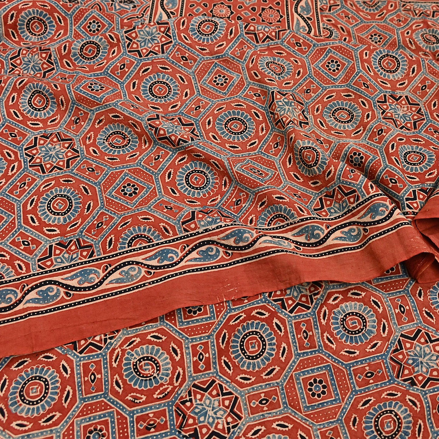 Indian Vintage Sari Rusty Orange pure cotton Ajrakh Print Saree 5Yd Fabric Floral Soft Ethnic Upcycle Crafting Dress making