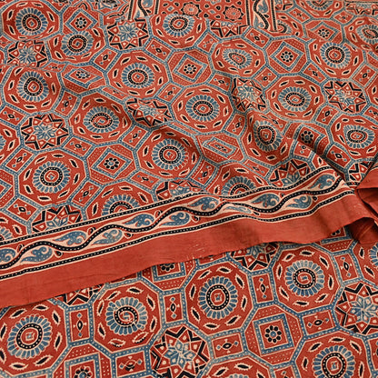 Indian Vintage Sari Rusty Orange pure cotton Ajrakh Print Saree 5Yd Fabric Floral Soft Ethnic Upcycle Crafting Dress making