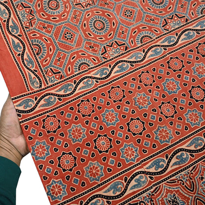 Indian Vintage Sari Rusty Orange pure cotton Ajrakh Print Saree 5Yd Fabric Floral Soft Ethnic Upcycle Crafting Dress making
