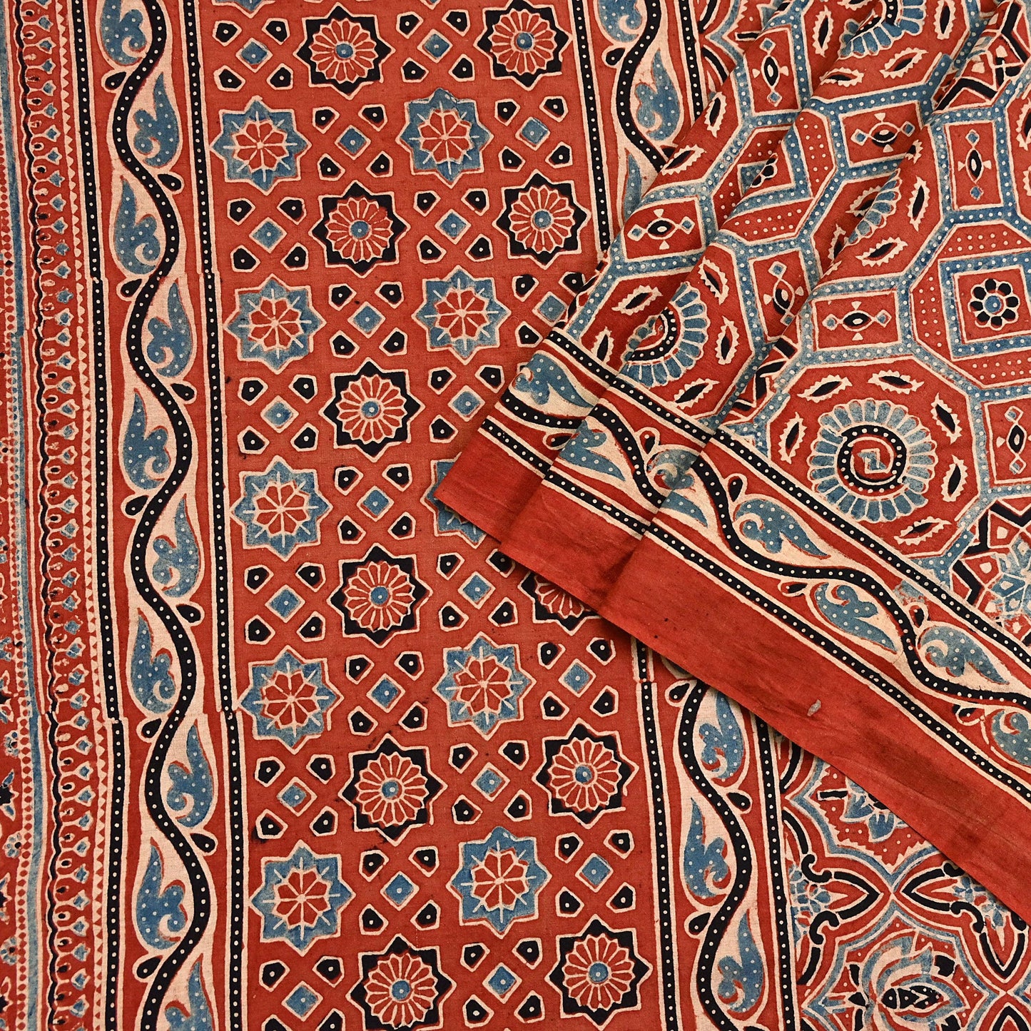 Indian Vintage Sari Rusty Orange pure cotton Ajrakh Print Saree 5Yd Fabric Floral Soft Ethnic Upcycle Crafting Dress making