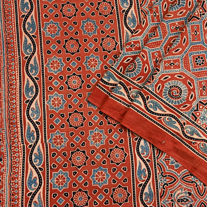 Indian Vintage Sari Rusty Orange pure cotton Ajrakh Print Saree 5Yd Fabric Floral Soft Ethnic Upcycle Crafting Dress making