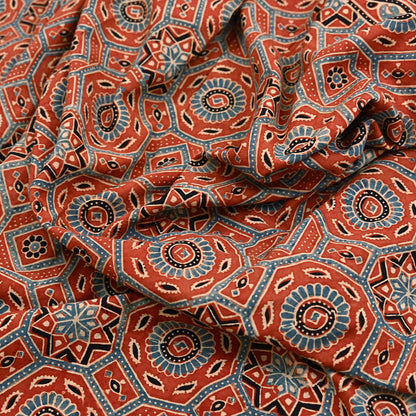 Indian Vintage Sari Rusty Orange pure cotton Ajrakh Print Saree 5Yd Fabric Floral Soft Ethnic Upcycle Crafting Dress making