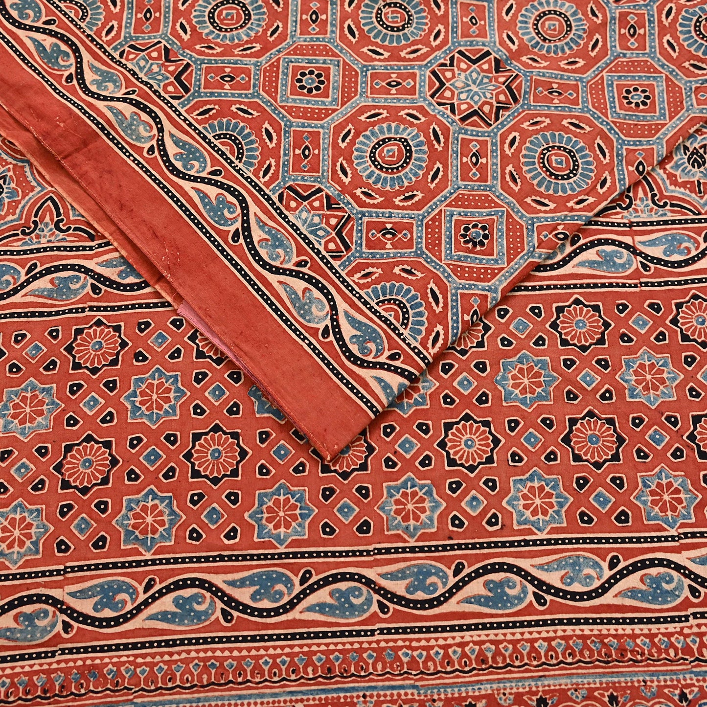 Indian Vintage Sari Rusty Orange pure cotton Ajrakh Print Saree 5Yd Fabric Floral Soft Ethnic Upcycle Crafting Dress making