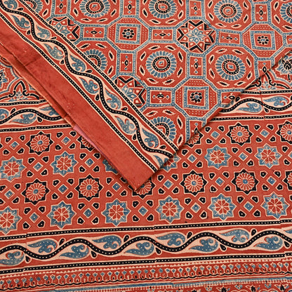 Indian Vintage Sari Rusty Orange pure cotton Ajrakh Print Saree 5Yd Fabric Floral Soft Ethnic Upcycle Crafting Dress making