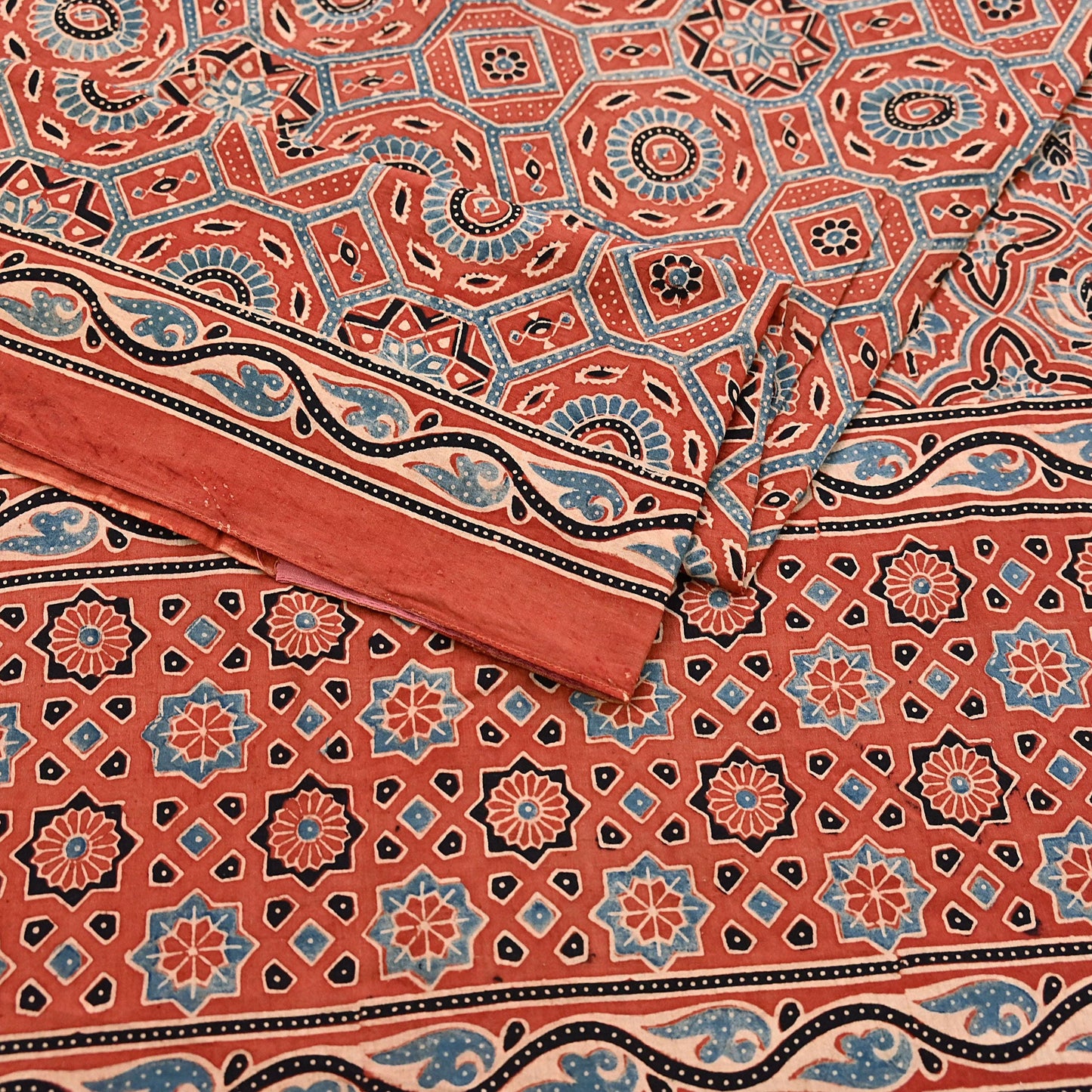 Indian Vintage Sari Rusty Orange pure cotton Ajrakh Print Saree 5Yd Fabric Floral Soft Ethnic Upcycle Crafting Dress making