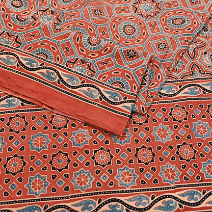 Indian Vintage Sari Rusty Orange pure cotton Ajrakh Print Saree 5Yd Fabric Floral Soft Ethnic Upcycle Crafting Dress making