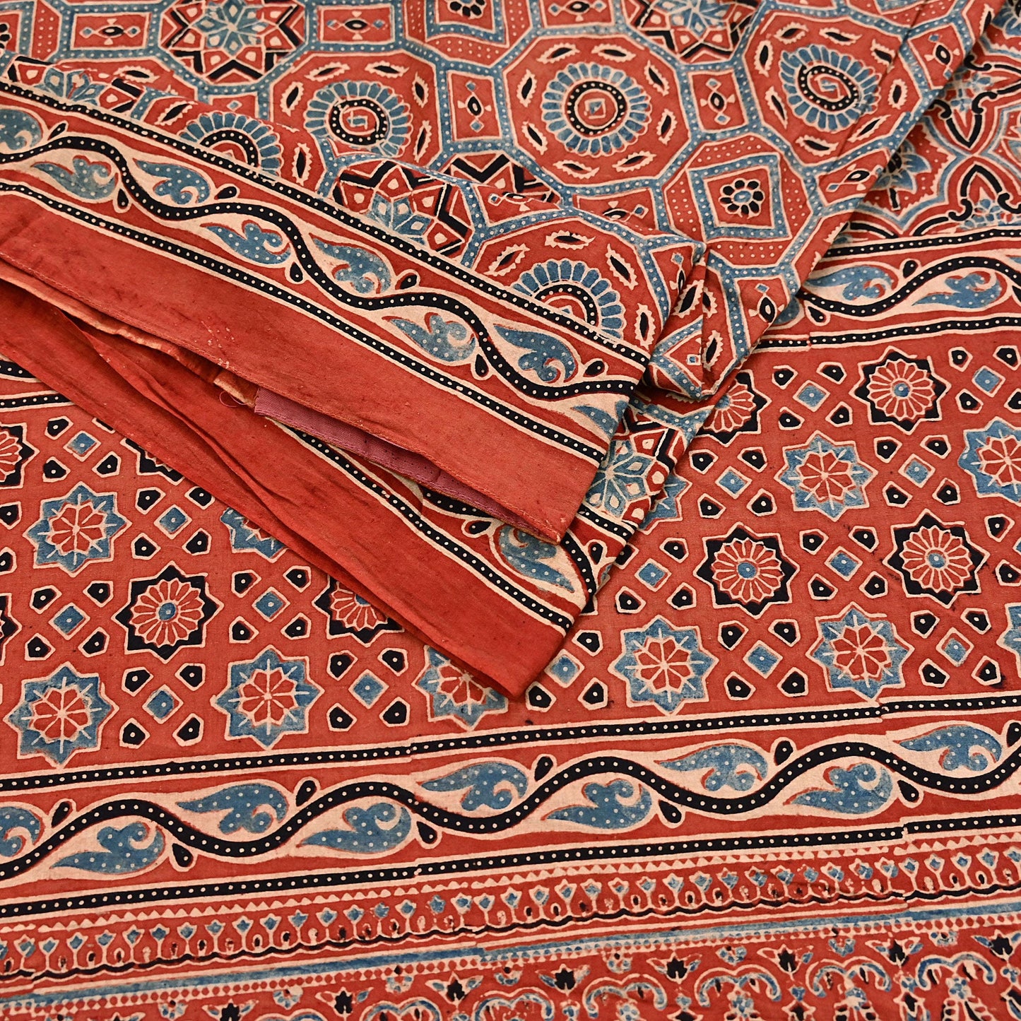 Indian Vintage Sari Rusty Orange pure cotton Ajrakh Print Saree 5Yd Fabric Floral Soft Ethnic Upcycle Crafting Dress making