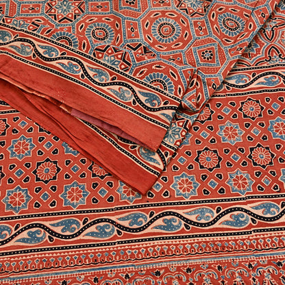 Indian Vintage Sari Rusty Orange pure cotton Ajrakh Print Saree 5Yd Fabric Floral Soft Ethnic Upcycle Crafting Dress making