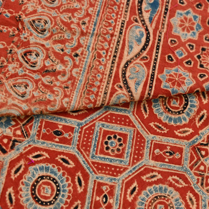 Indian Vintage Sari Rusty Orange pure cotton Ajrakh Print Saree 5Yd Fabric Floral Soft Ethnic Upcycle Crafting Dress making