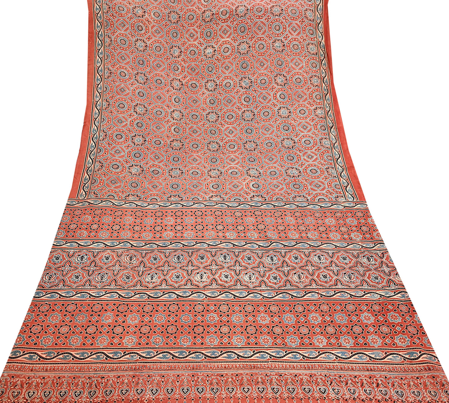 Indian Vintage Sari Rusty Orange pure cotton Ajrakh Print Saree 5Yd Fabric Floral Soft Ethnic Upcycle Crafting Dress making