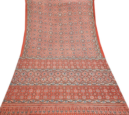 Indian Vintage Sari Rusty Orange pure cotton Ajrakh Print Saree 5Yd Fabric Floral Soft Ethnic Upcycle Crafting Dress making
