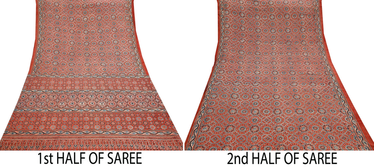 Indian Vintage Sari Rusty Orange pure cotton Ajrakh Print Saree 5Yd Fabric Floral Soft Ethnic Upcycle Crafting Dress making