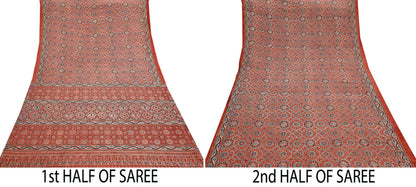 Indian Vintage Sari Rusty Orange pure cotton Ajrakh Print Saree 5Yd Fabric Floral Soft Ethnic Upcycle Crafting Dress making