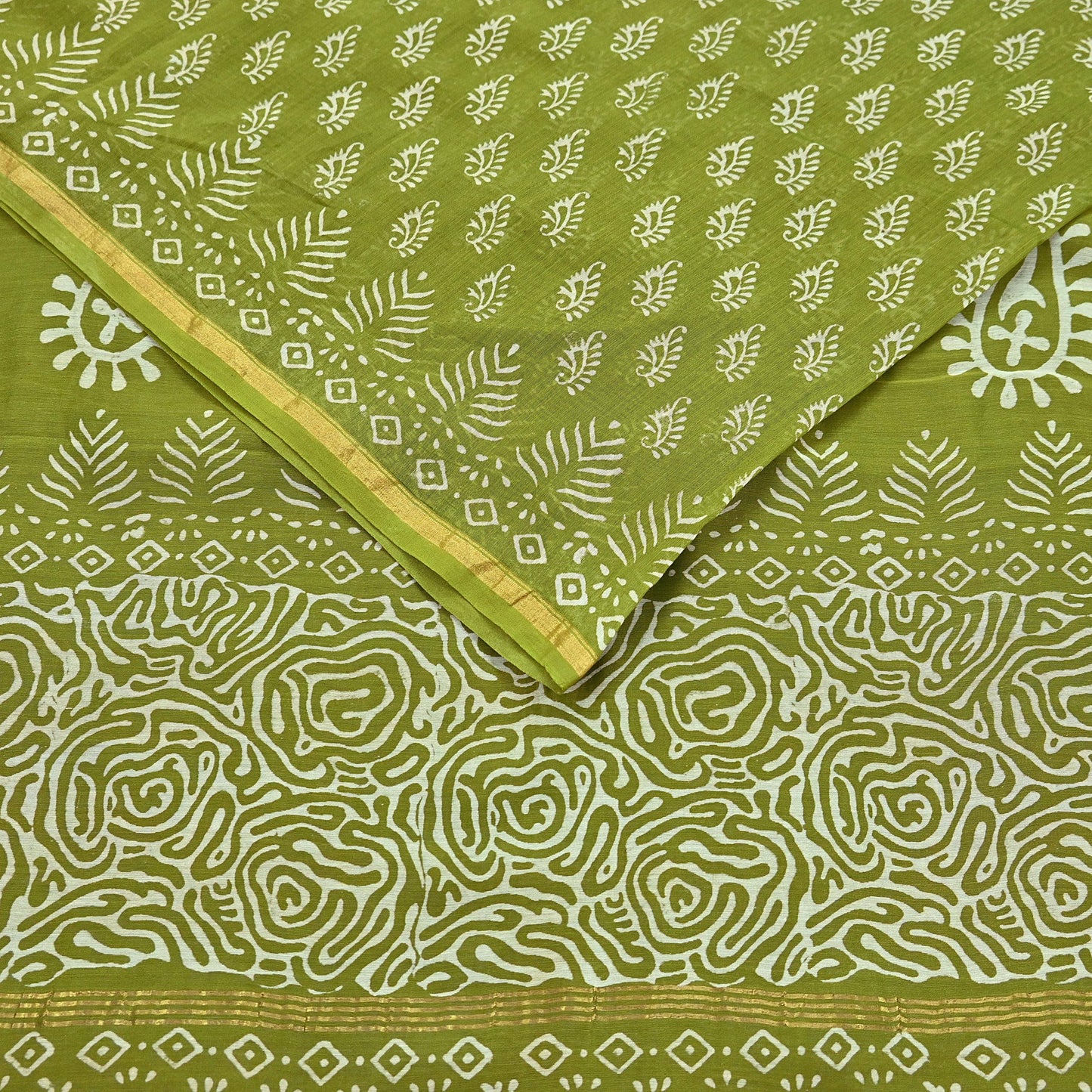 Indian Vintage Sari Green chanderi Silk Bagru Printed Saree 5Yd Fabric Floral Soft Zari Border Ethnic Upcycle Crafting Dress making
