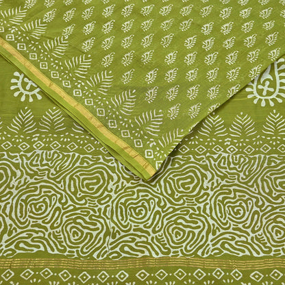 Indian Vintage Sari Green chanderi Silk Bagru Printed Saree 5Yd Fabric Floral Soft Zari Border Ethnic Upcycle Crafting Dress making