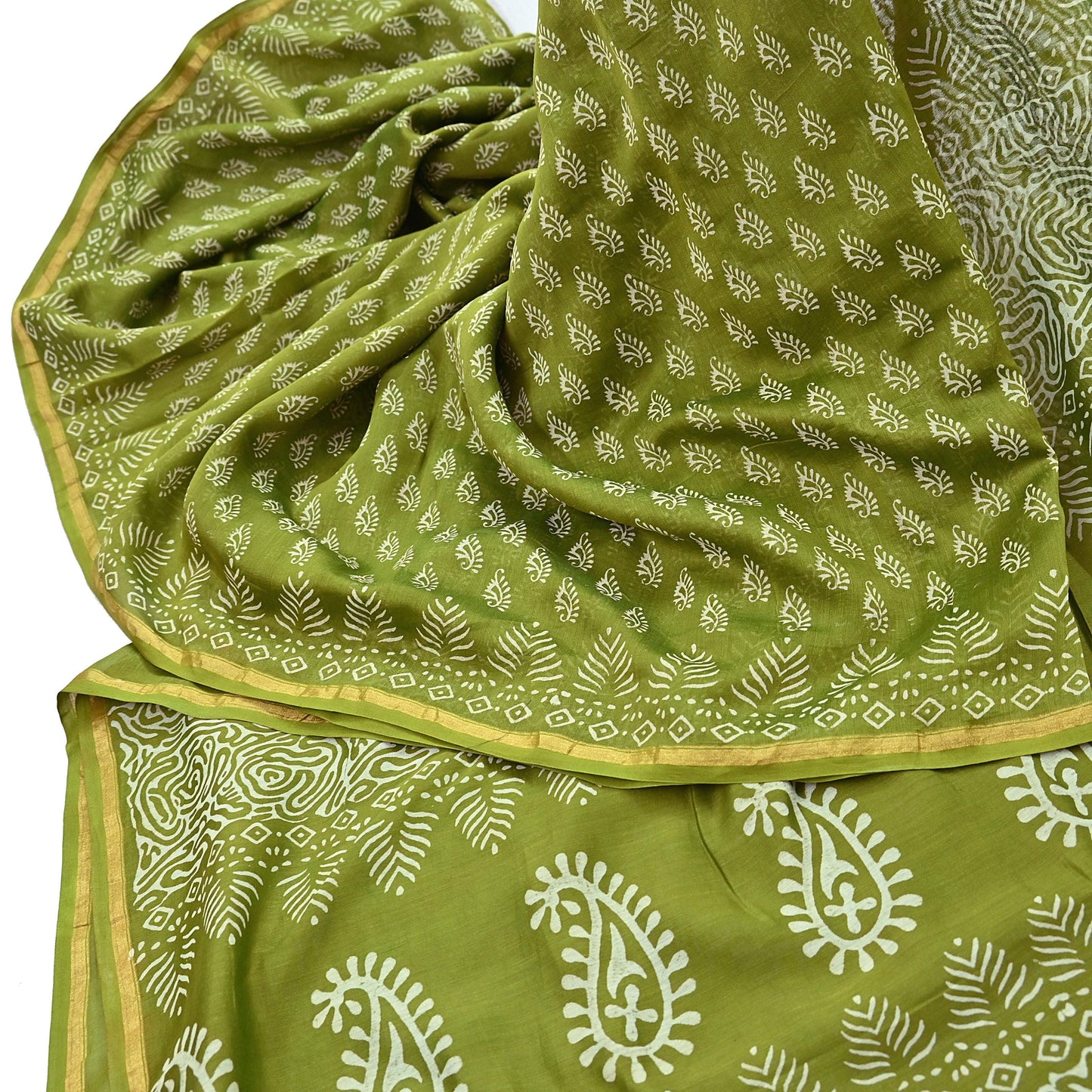 Indian Vintage Sari Green chanderi Silk Bagru Printed Saree 5Yd Fabric Floral Soft Zari Border Ethnic Upcycle Crafting Dress making