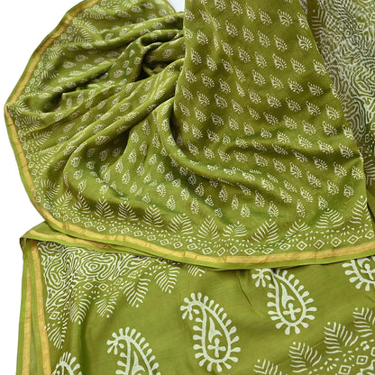 Indian Vintage Sari Green chanderi Silk Bagru Printed Saree 5Yd Fabric Floral Soft Zari Border Ethnic Upcycle Crafting Dress making