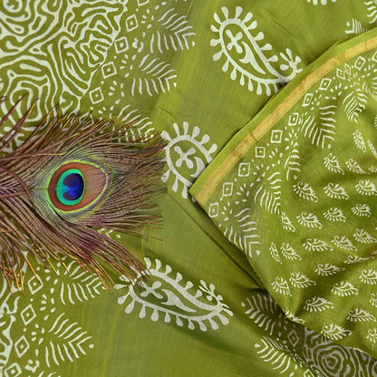 Indian Vintage Sari Green chanderi Silk Bagru Printed Saree 5Yd Fabric Floral Soft Zari Border Ethnic Upcycle Crafting Dress making