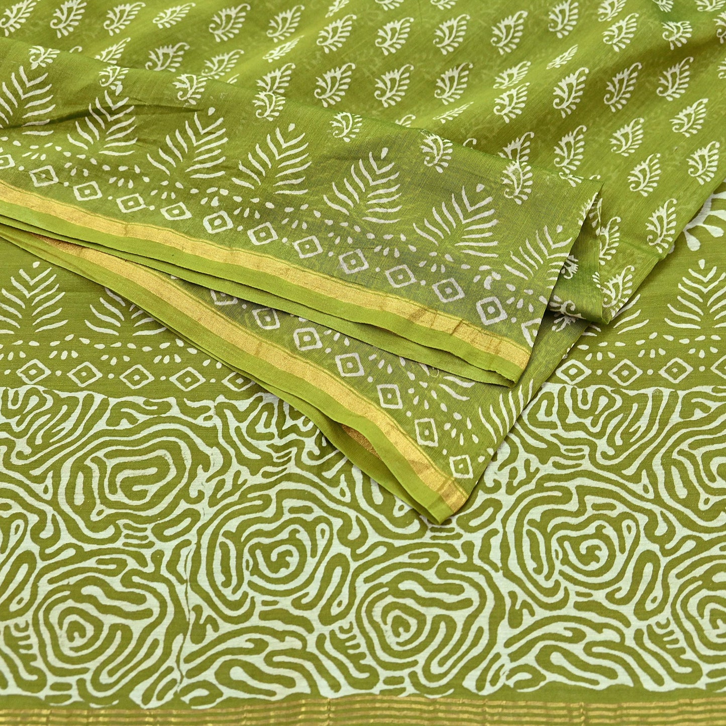 Indian Vintage Sari Green chanderi Silk Bagru Printed Saree 5Yd Fabric Floral Soft Zari Border Ethnic Upcycle Crafting Dress making