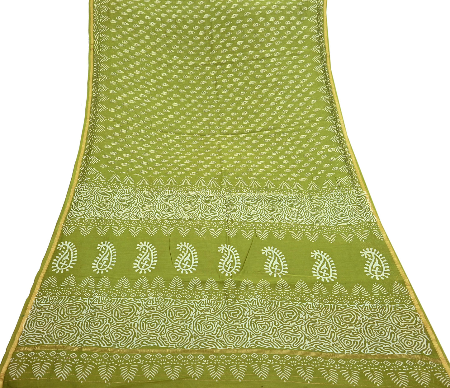Indian Vintage Sari Green chanderi Silk Bagru Printed Saree 5Yd Fabric Floral Soft Zari Border Ethnic Upcycle Crafting Dress making
